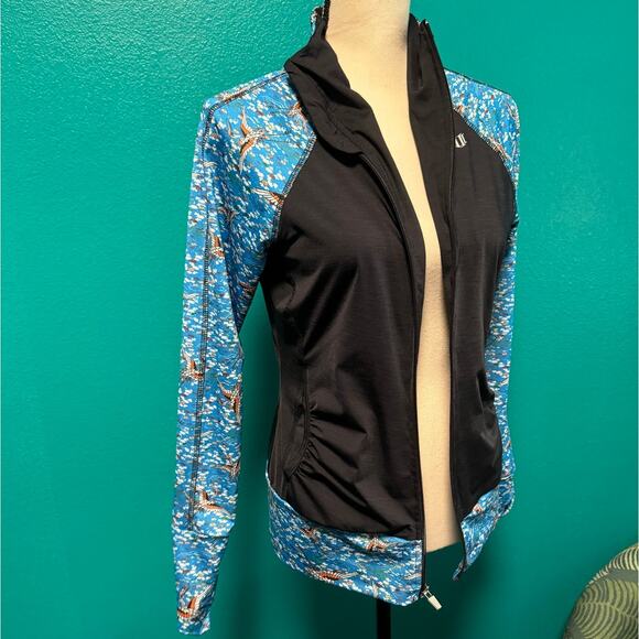 Eleven by Venus Williams Activewear Jacket Black Rouched Blue Crane Print Small - Picture 11 of 12